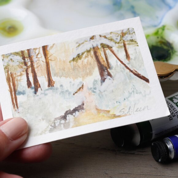 ACEO Watercolor Painting Landscape Winter Forest Snow Sun River - Picture 3 of 3